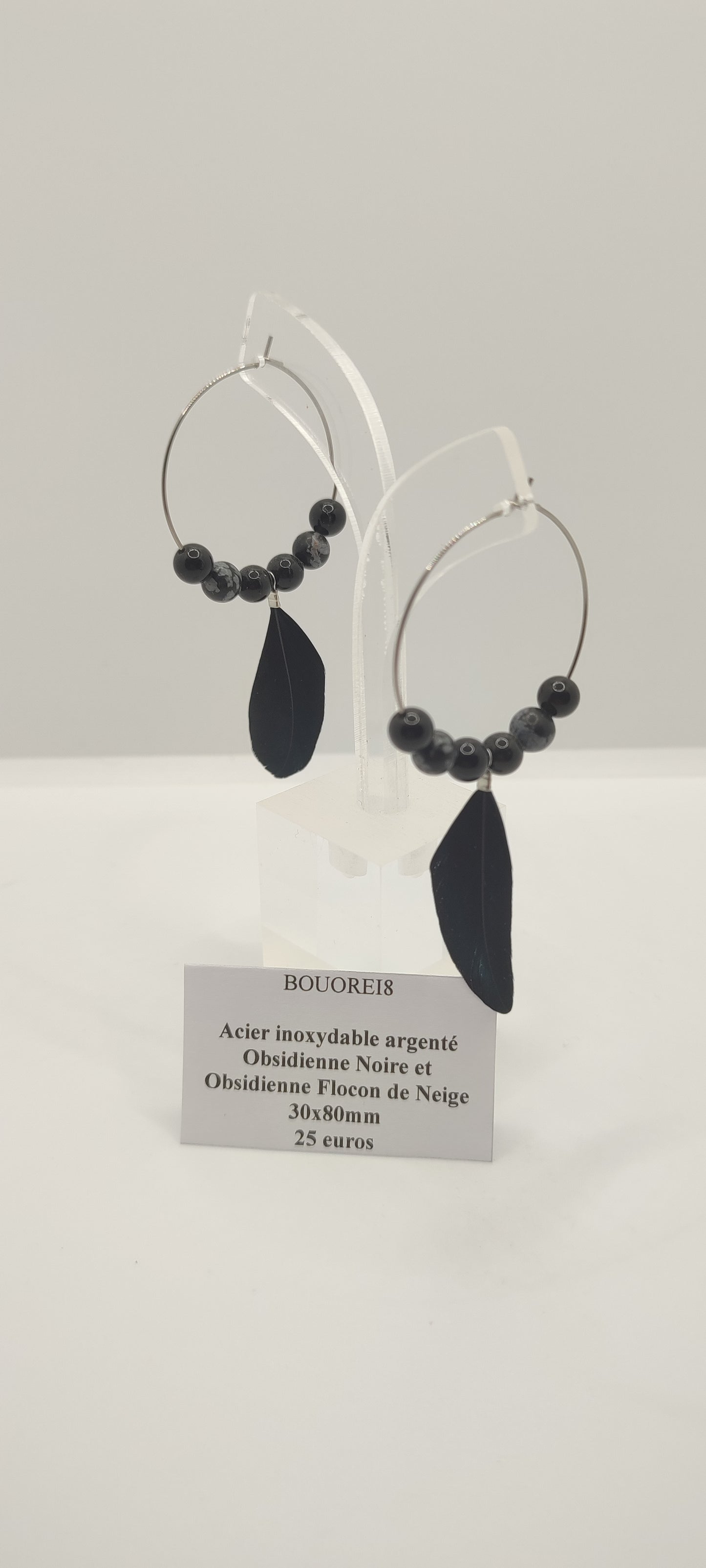Boucles d'Oreilles Obsidienne Noire et Obsidienne Flocon de Neige
