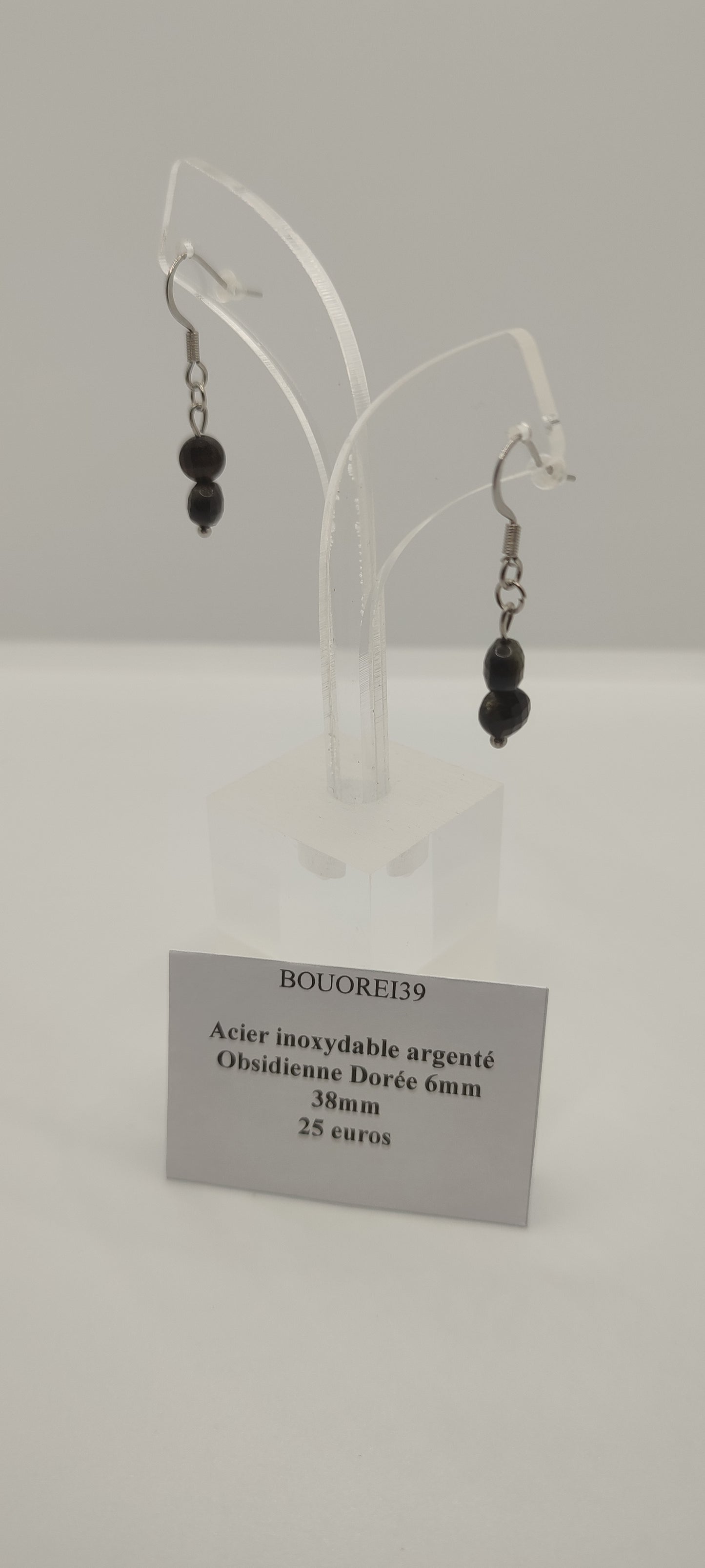 Boucles d'Oreilles Obsidienne Dorée