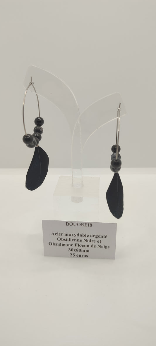 Boucles d'Oreilles Obsidienne Noire et Obsidienne Flocon de Neige