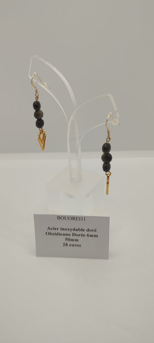 Boucles d'Oreilles Obsidienne Dorée