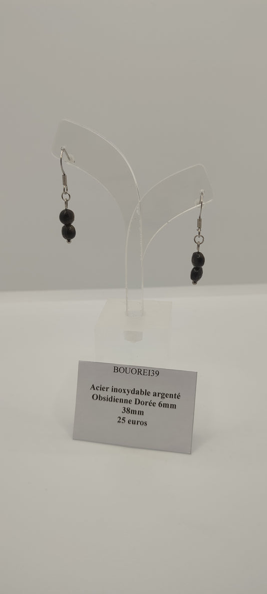 Boucles d'Oreilles Obsidienne Dorée