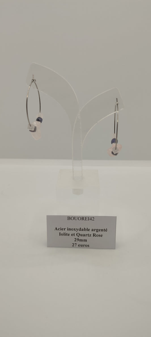 Boucles d'Oreilles Iolite et Quartz Rose